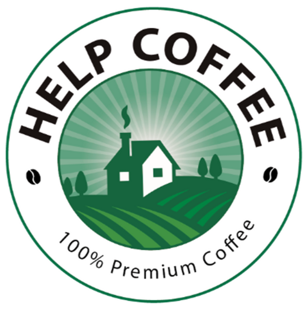 Logo of Help Coffee with a green field and house design on a black background
